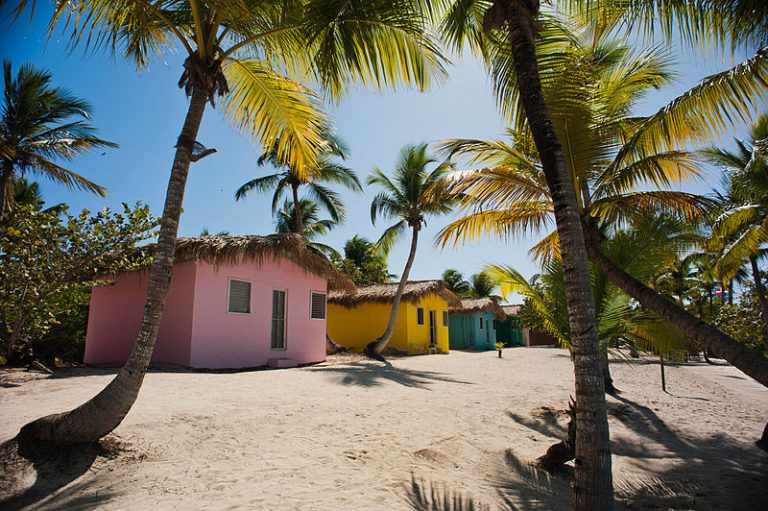 800px-Catalina_Island_La_Romana_Dominican_Republic._A_line_of_bright_painted_bungalows_nearby_the_cost_line_shaded_with_palm_trees_landscape