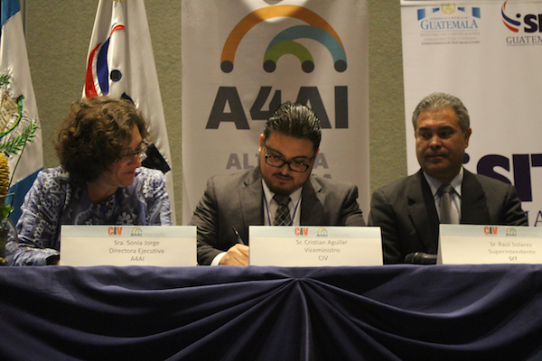 Sonia Jorge, Cristian Aguilar and Raul Solares at the signing of the MOU between A4AI and Guatemala.