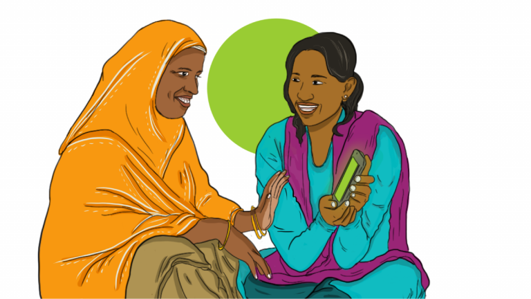 Illustration by Neema Iyer of two women using a smartphone to make a video call