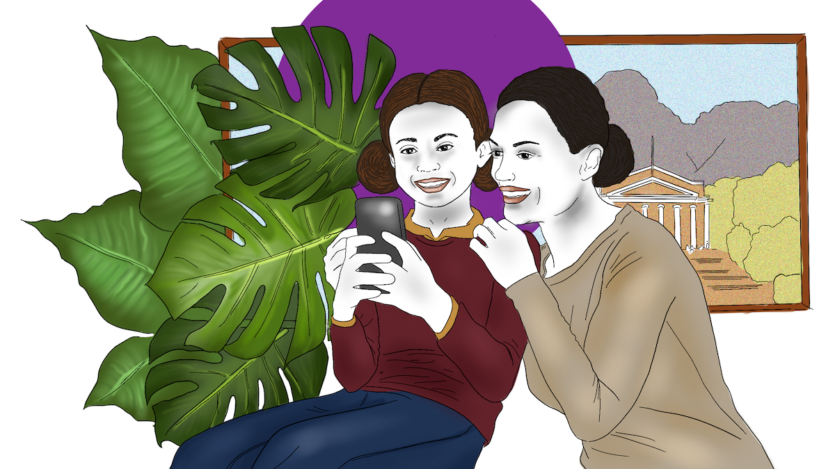Illustration of a girl and her mother looking at a smartphone