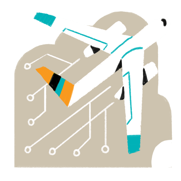 Illustrated aeroplane in flight with connection lines